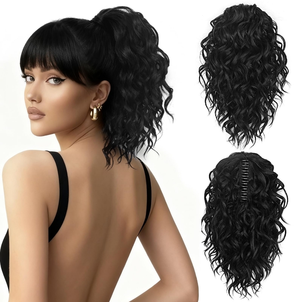 12” Curly Clip-In Ponytail • Black‎ • Natural Look • Volumizing • New